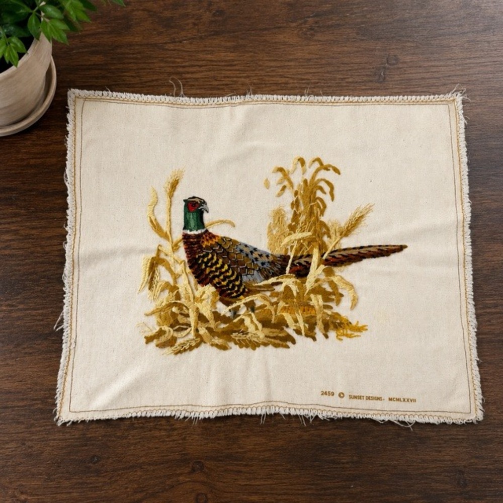 Vintage 1977 Sunset Designs #2459 Pheasant Crewel Embroidery Wheat 24x19